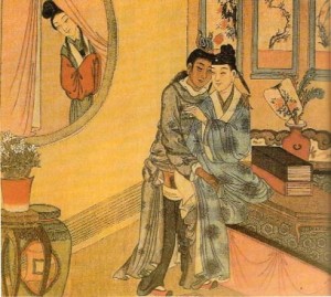 Qing dynasty woman spying on male lovers
